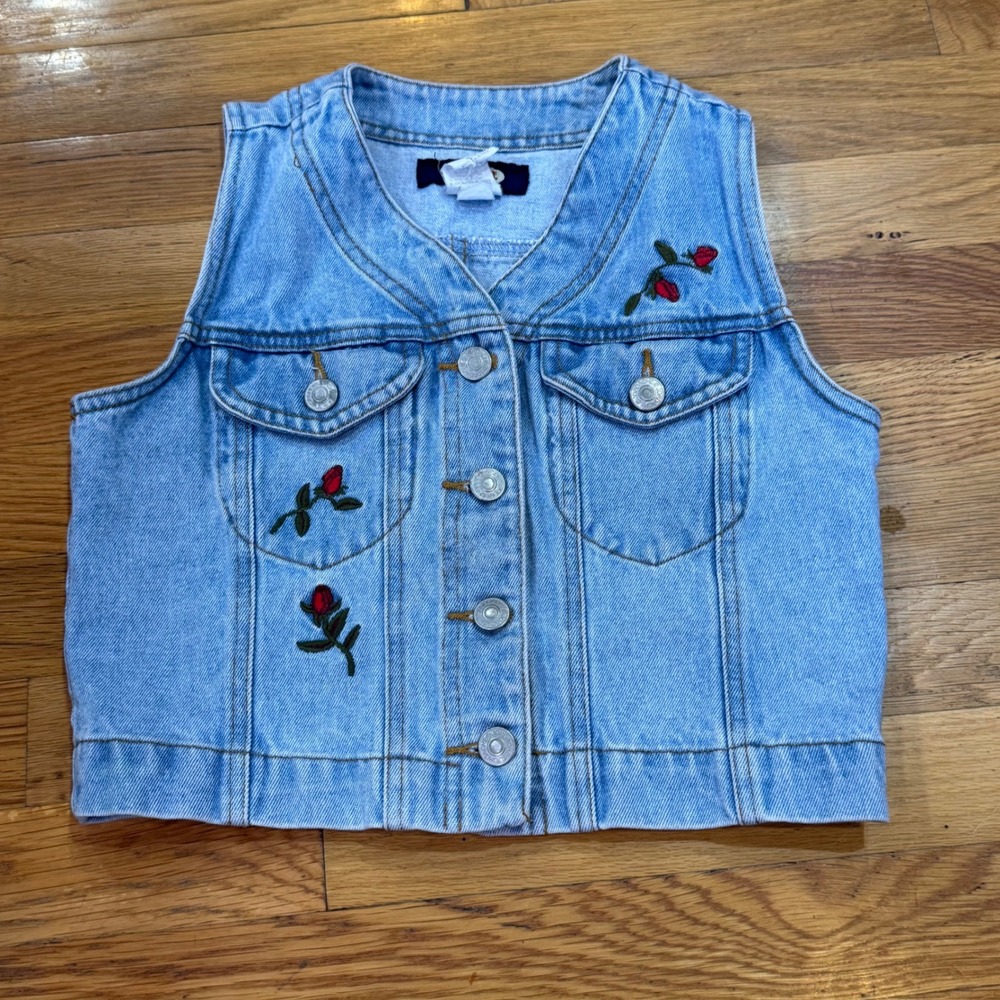 Vintage Jordache Denim Vest Light Wash Rose Embroidered Cropped Blue Small - Picture 4 of 4